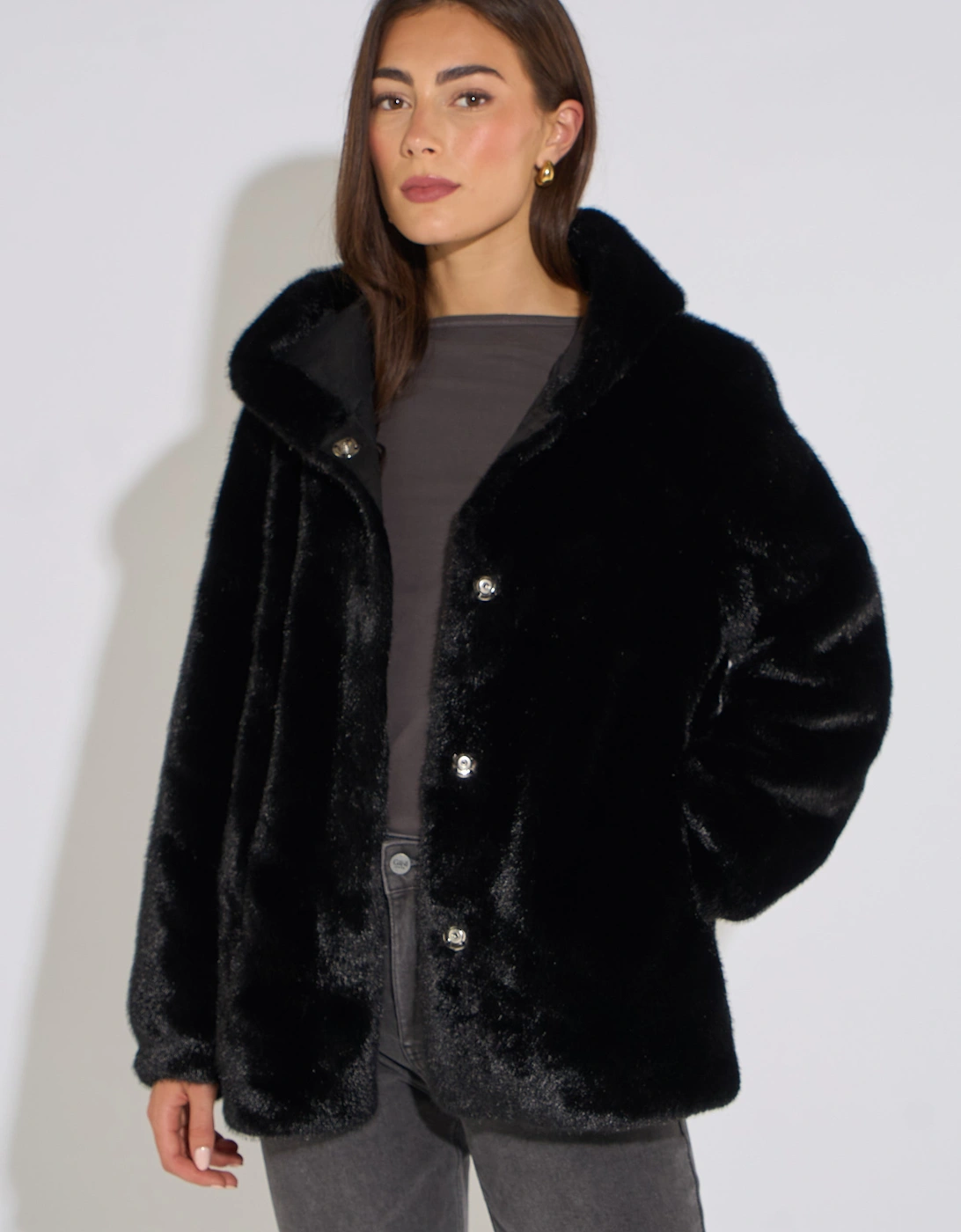 Black Hooded Faux Fur Mid Length Jacket
