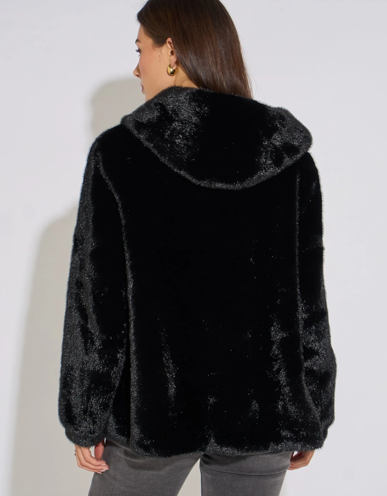 Black Hooded Faux Fur Mid Length Jacket