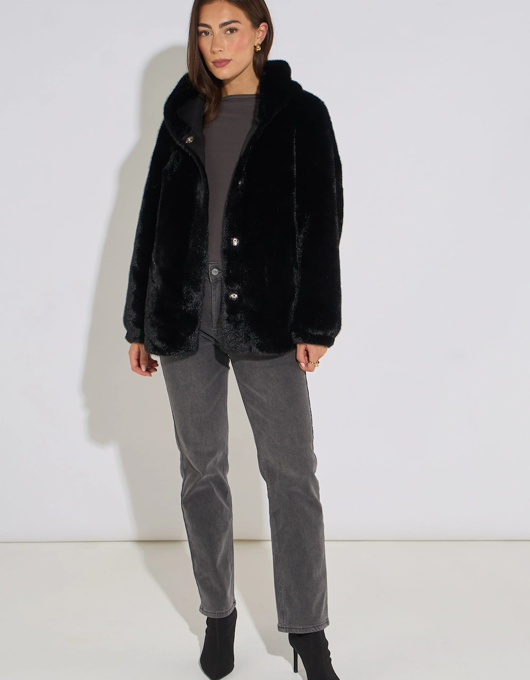 Black Hooded Faux Fur Mid Length Jacket