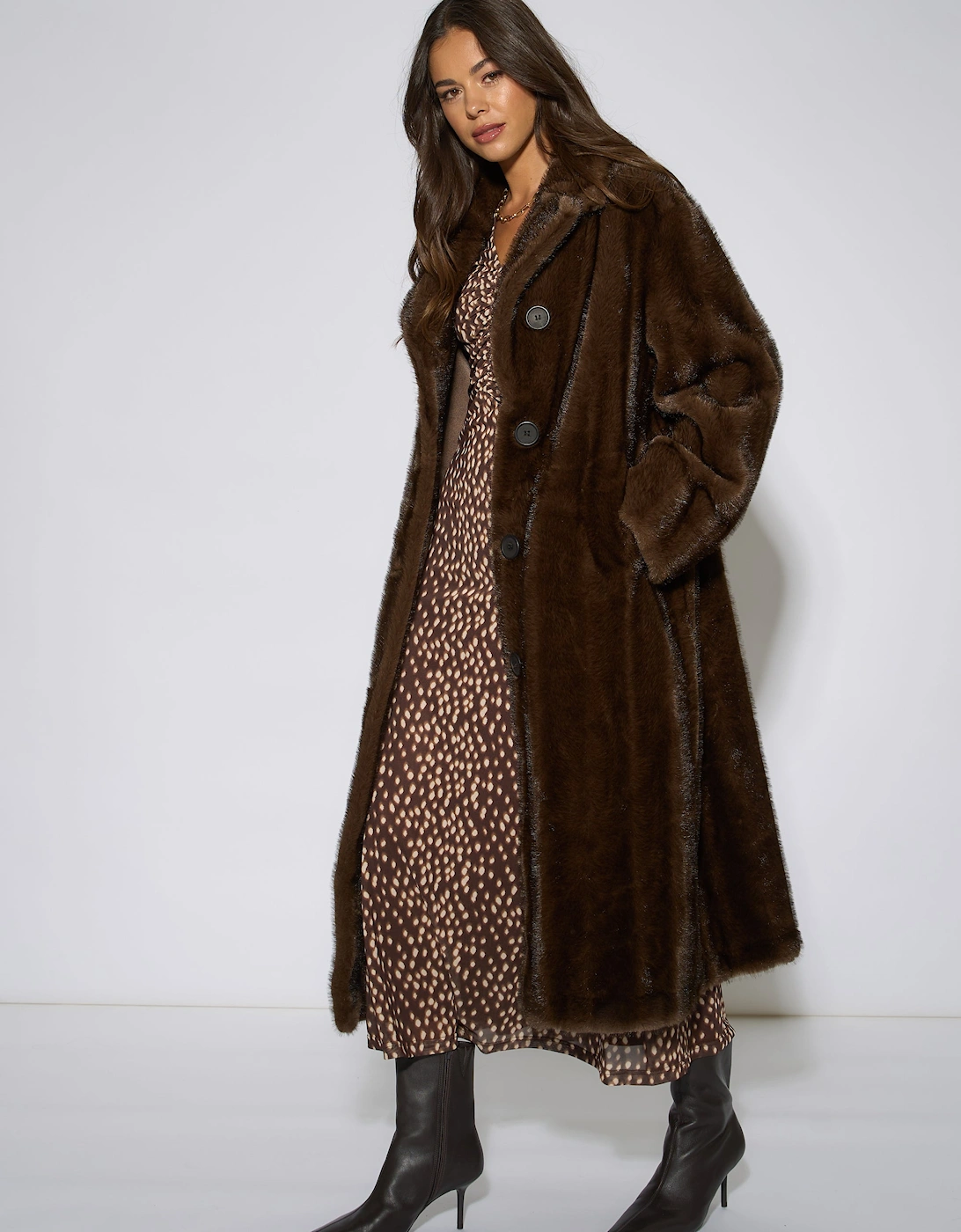 Brown Two Tone Maxi Faux Fur Coat Jacket