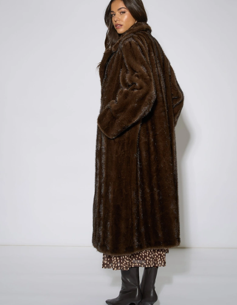 Brown Two Tone Maxi Faux Fur Coat Jacket