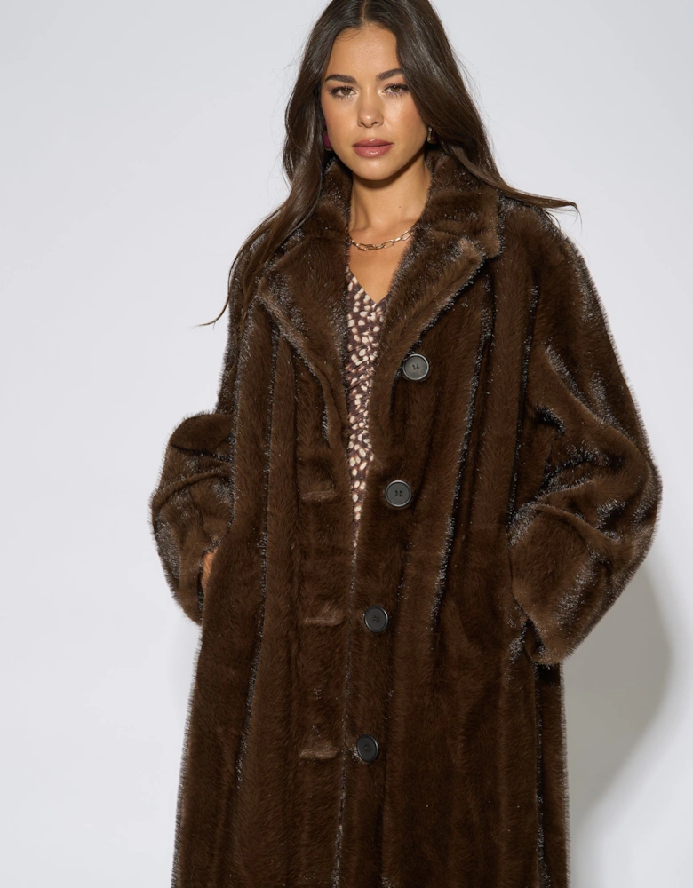 Brown Two Tone Maxi Faux Fur Coat Jacket