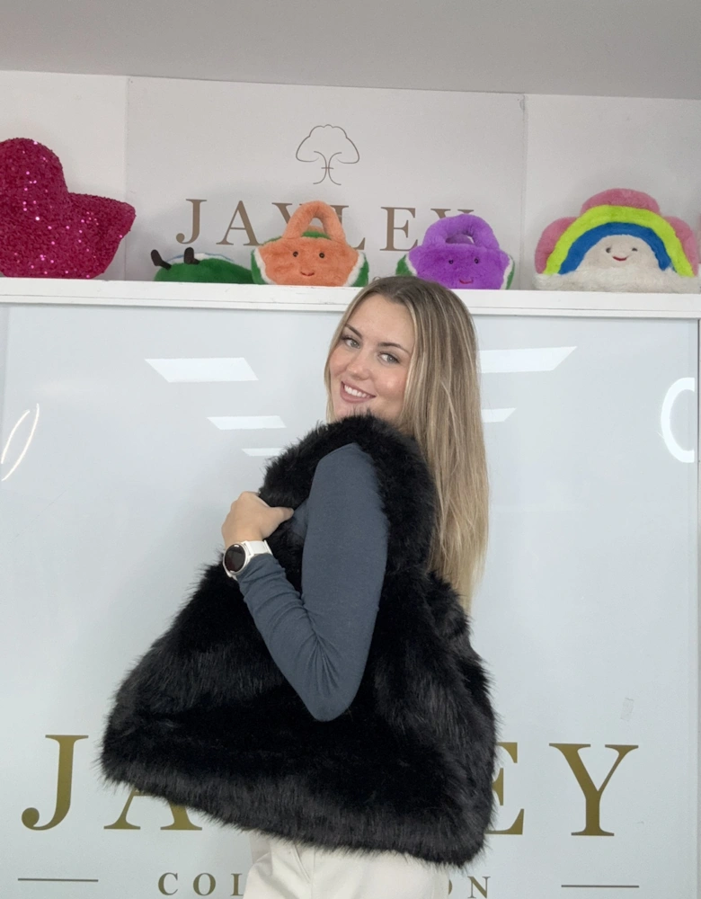 Black Bamboo Blend Faux Fur Large Tote Bag