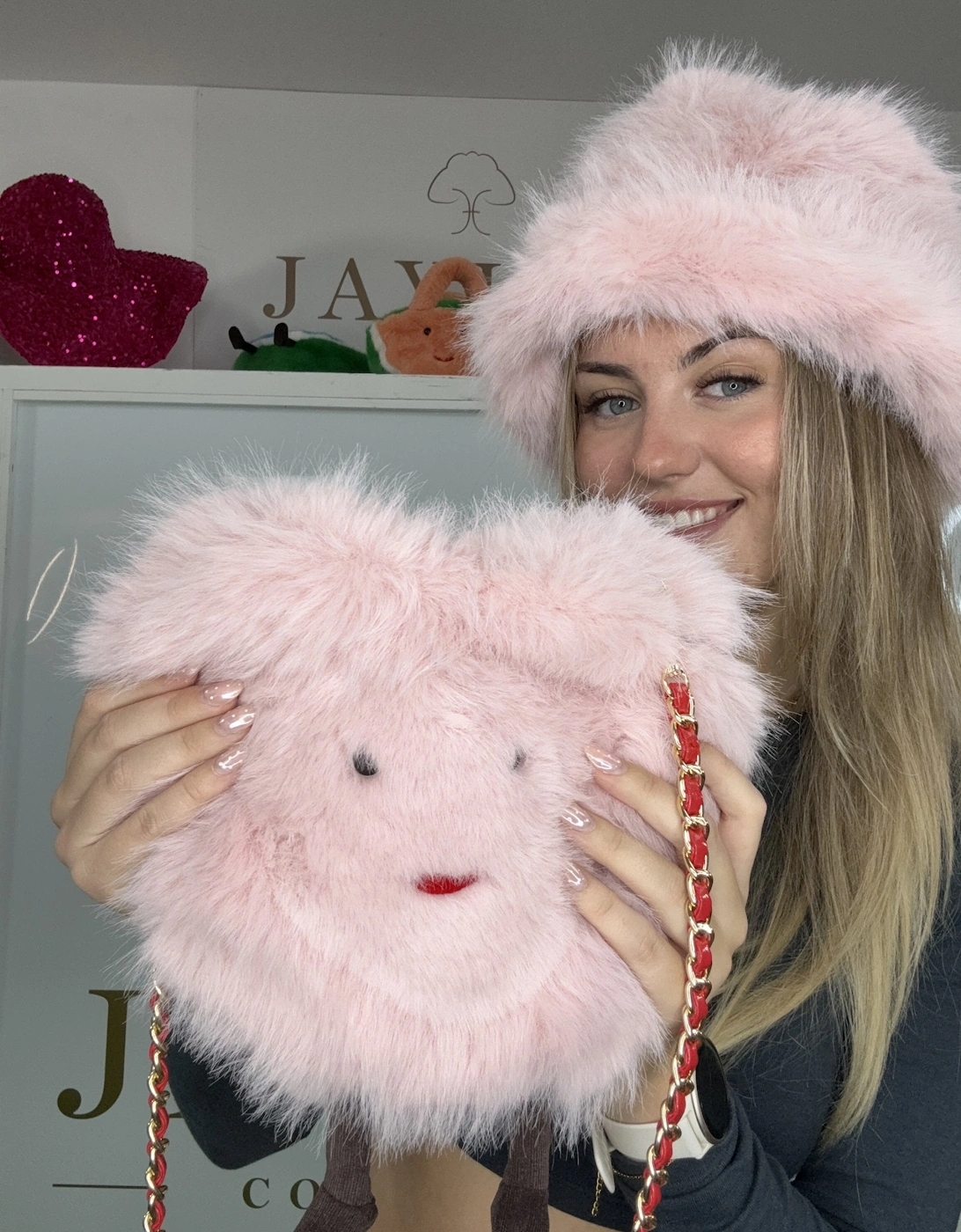 Pink Handmade Bamboo Faux Fur Heart Bag