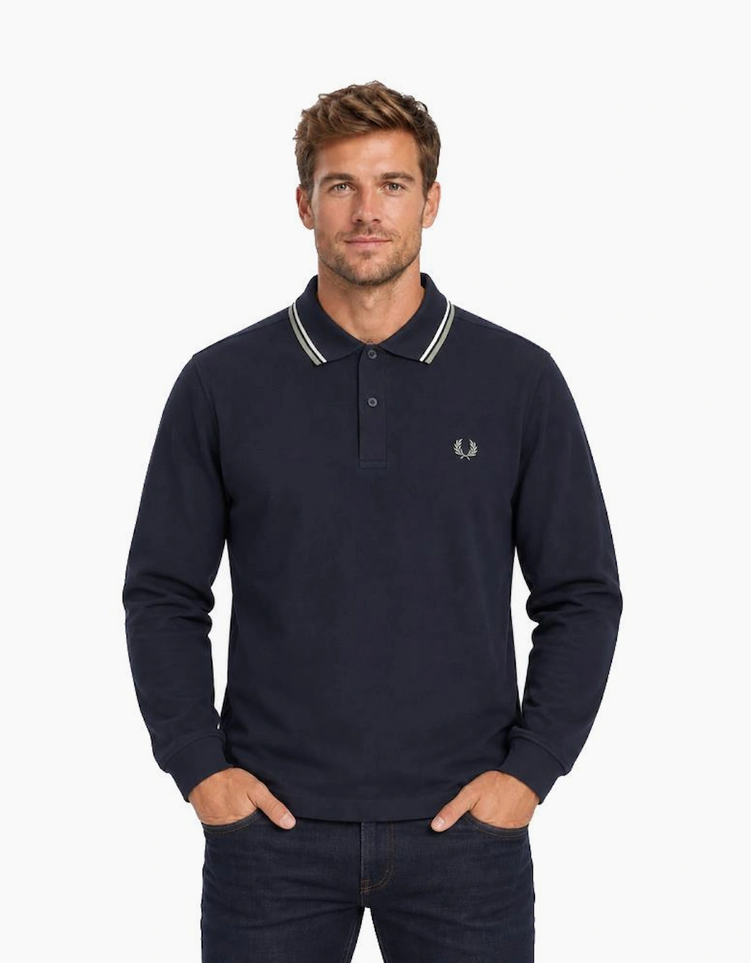 Fred Perry Long Sleeve Twin Tipped Polo Shirt Dark Airforce/Ecru/Seagrass