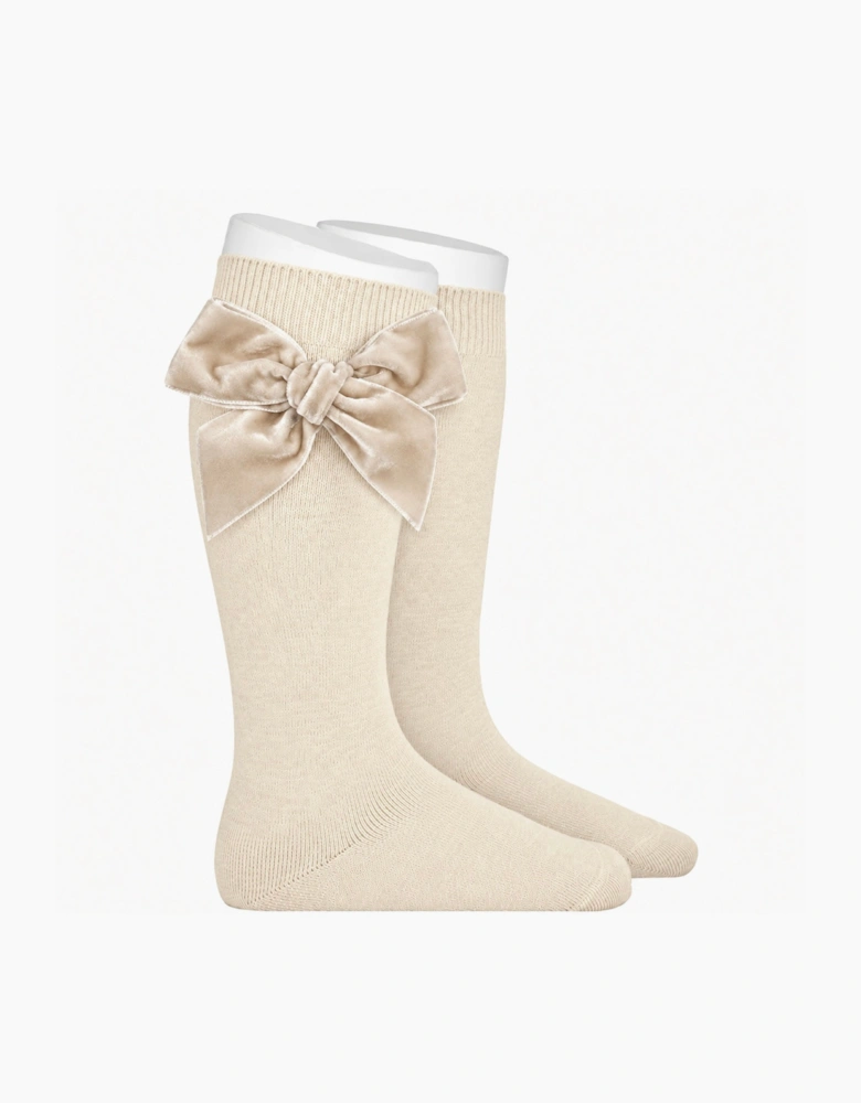 Girls Linen 304 Velvet Bow Knee Socks