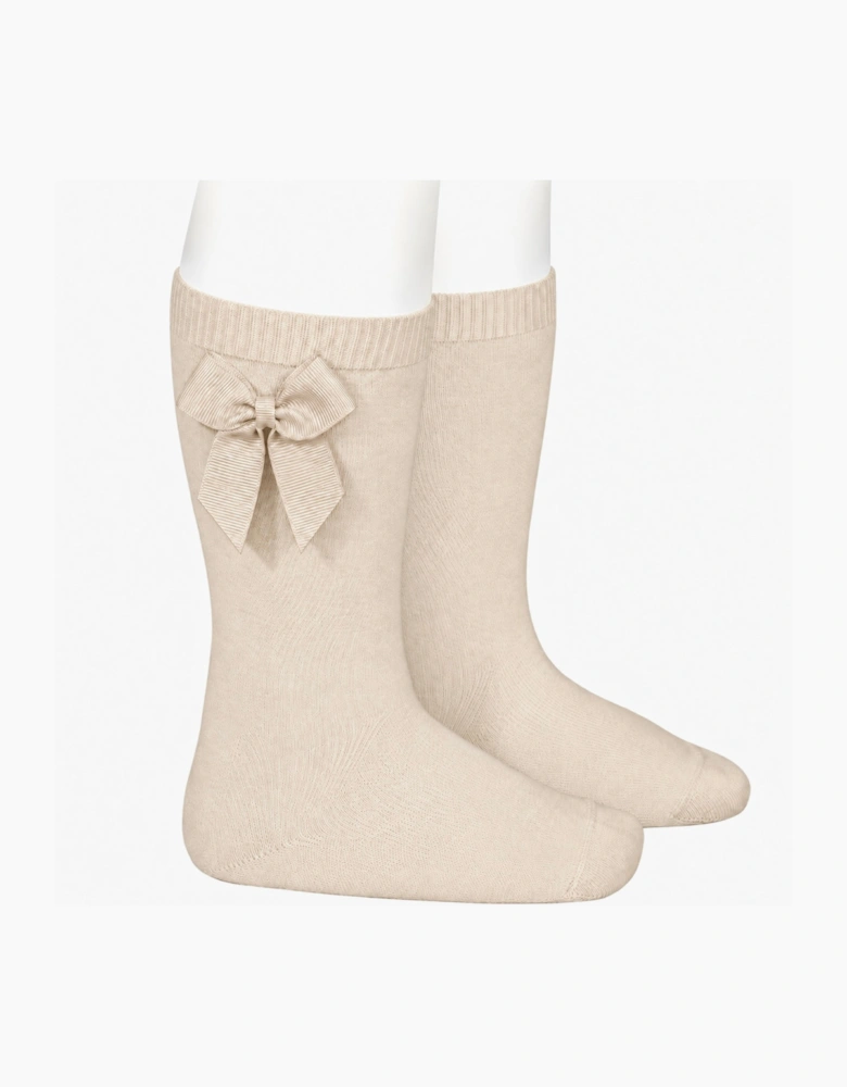 Girls Beige Linen 304 Bow Knee Socks