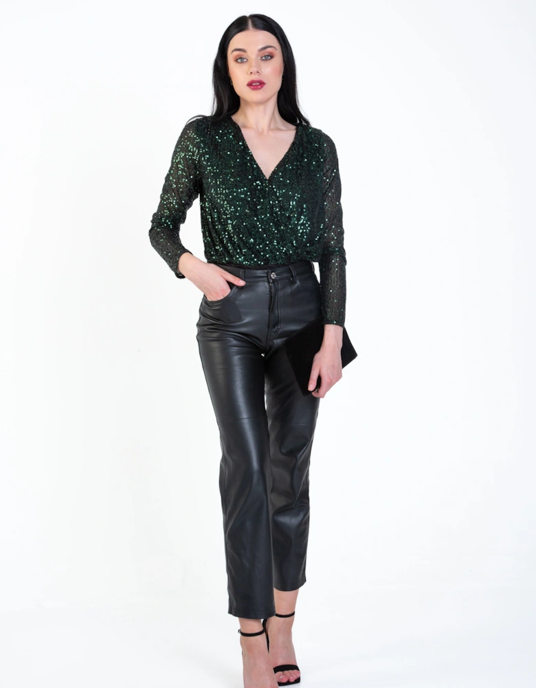 Green Sequin Wrap Long Sleeves Bodysuit