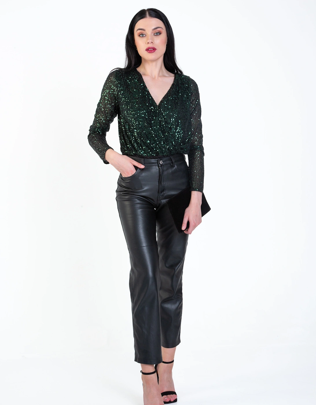 Green Sequin Wrap Long Sleeves Bodysuit