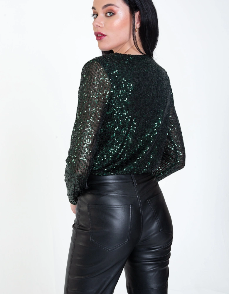 Green Sequin Wrap Long Sleeves Bodysuit