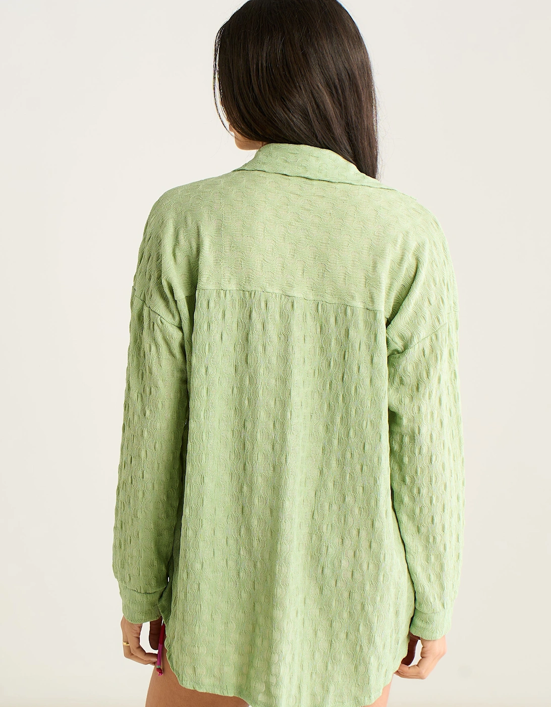 Sage Green Textured Oversized Long Sleeve Shirt