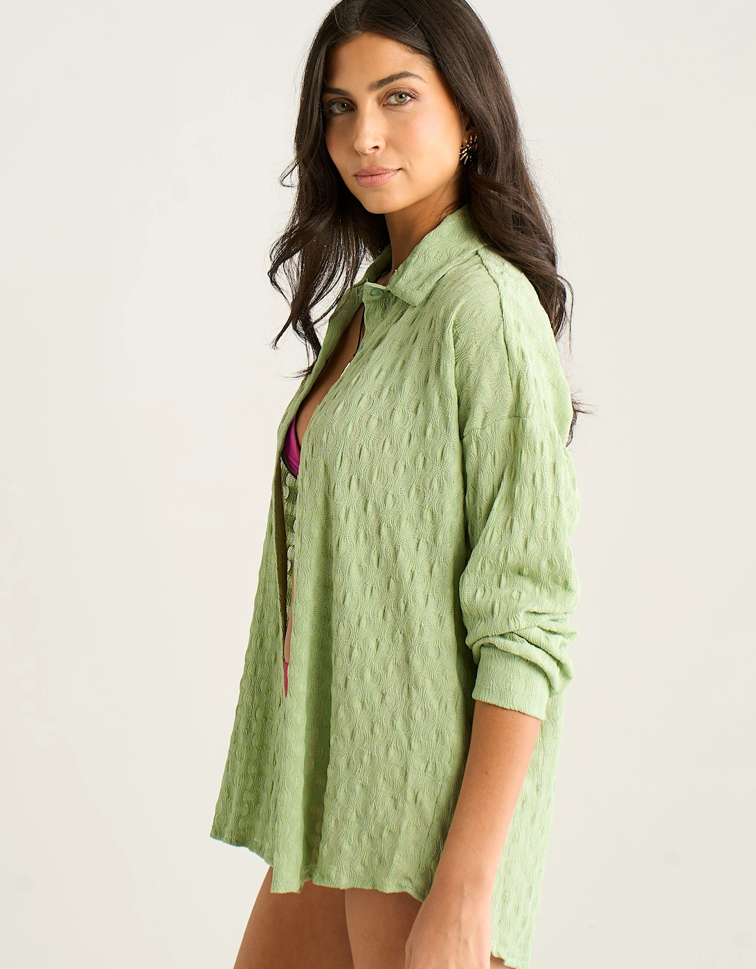 Sage Green Textured Oversized Long Sleeve Shirt