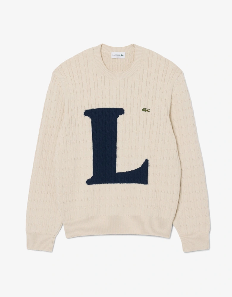 Lacoste Intarsia Mens Cable Knit Sweater - Naturel Clair/Dark Navy Blue UN5