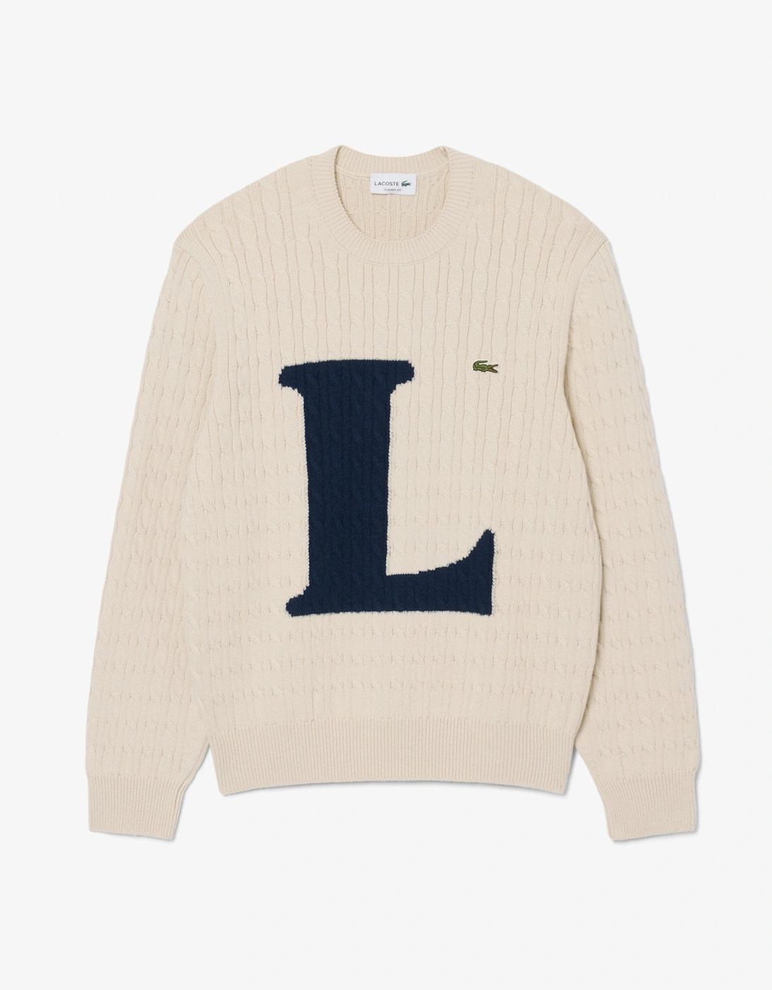 Men's Lacoste Intarsia Mens Cable Knit Sweater - Naturel Clair/Dark Navy Blue UN5 - Tan - Size: 38