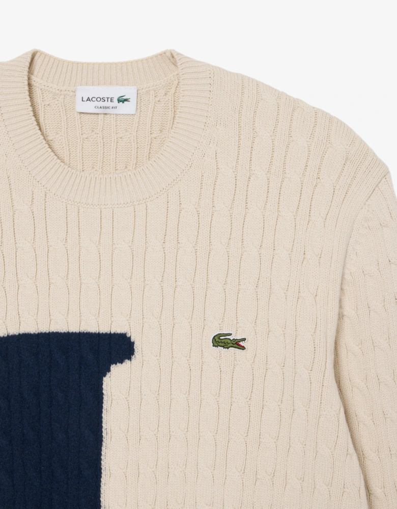 Lacoste Intarsia Mens Cable Knit Sweater - Naturel Clair/Dark Navy Blue UN5