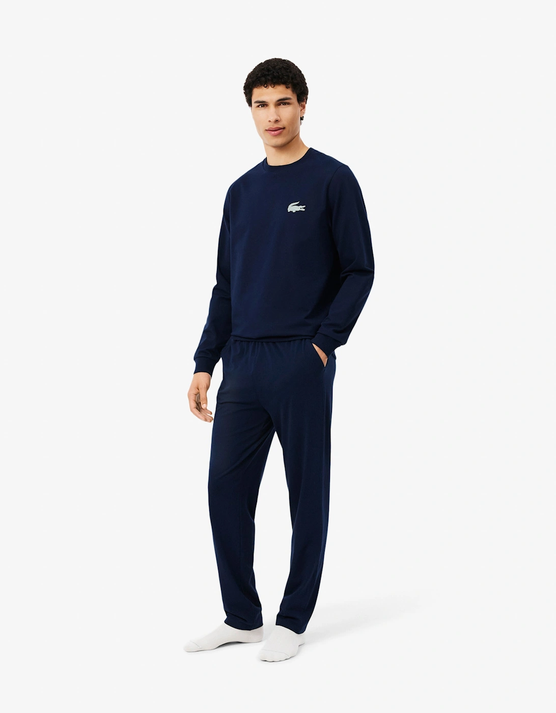 Lacoste Fleece Mens Lounge Hoodie - Navy Blue/White 525