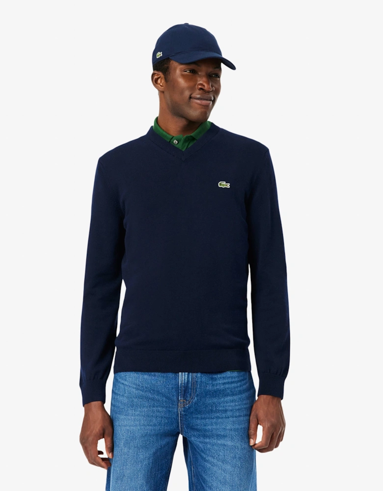 Lacoste Monochrome Jersey Mens V Neck Sweater - Navy Blue 166