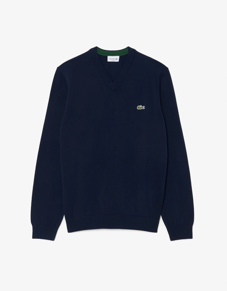 Lacoste Monochrome Jersey Mens V Neck Sweater - Navy Blue 166