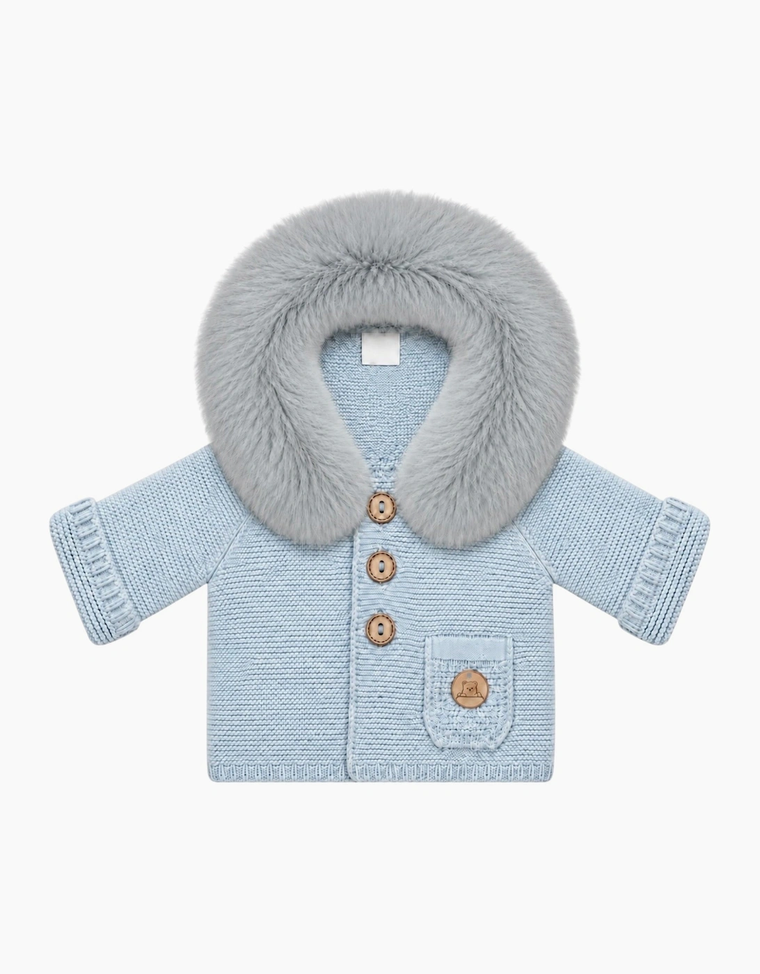 Powder Blue Knit Real Fur Trim Cardigan
