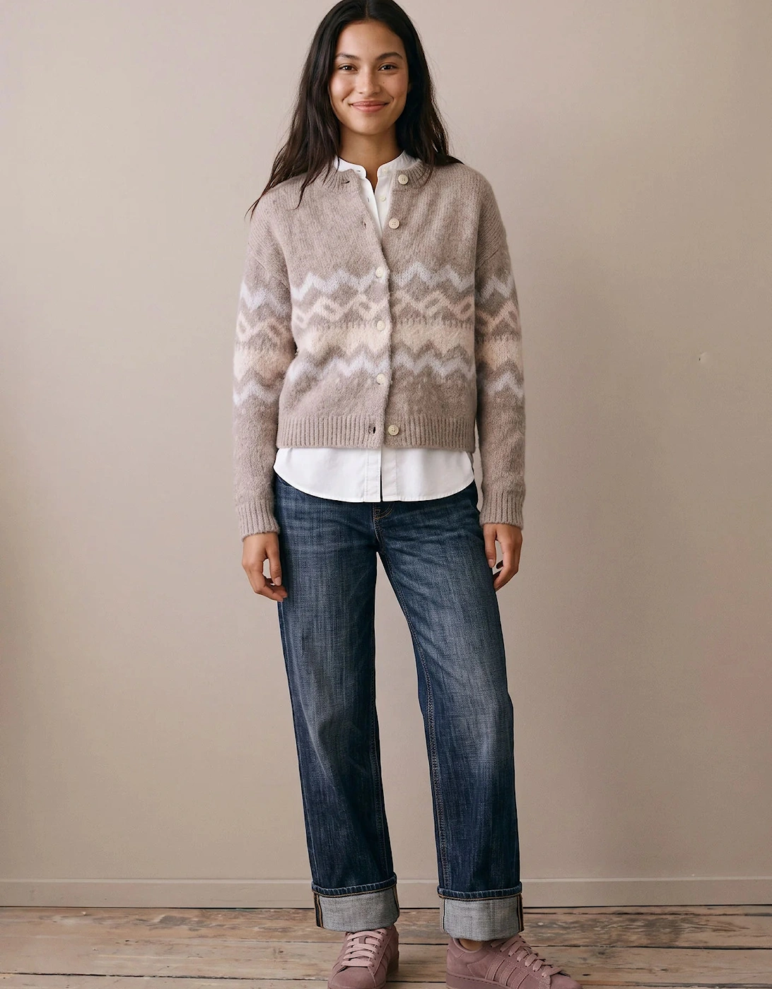 Fairisle alpaca cardigan in city taupe