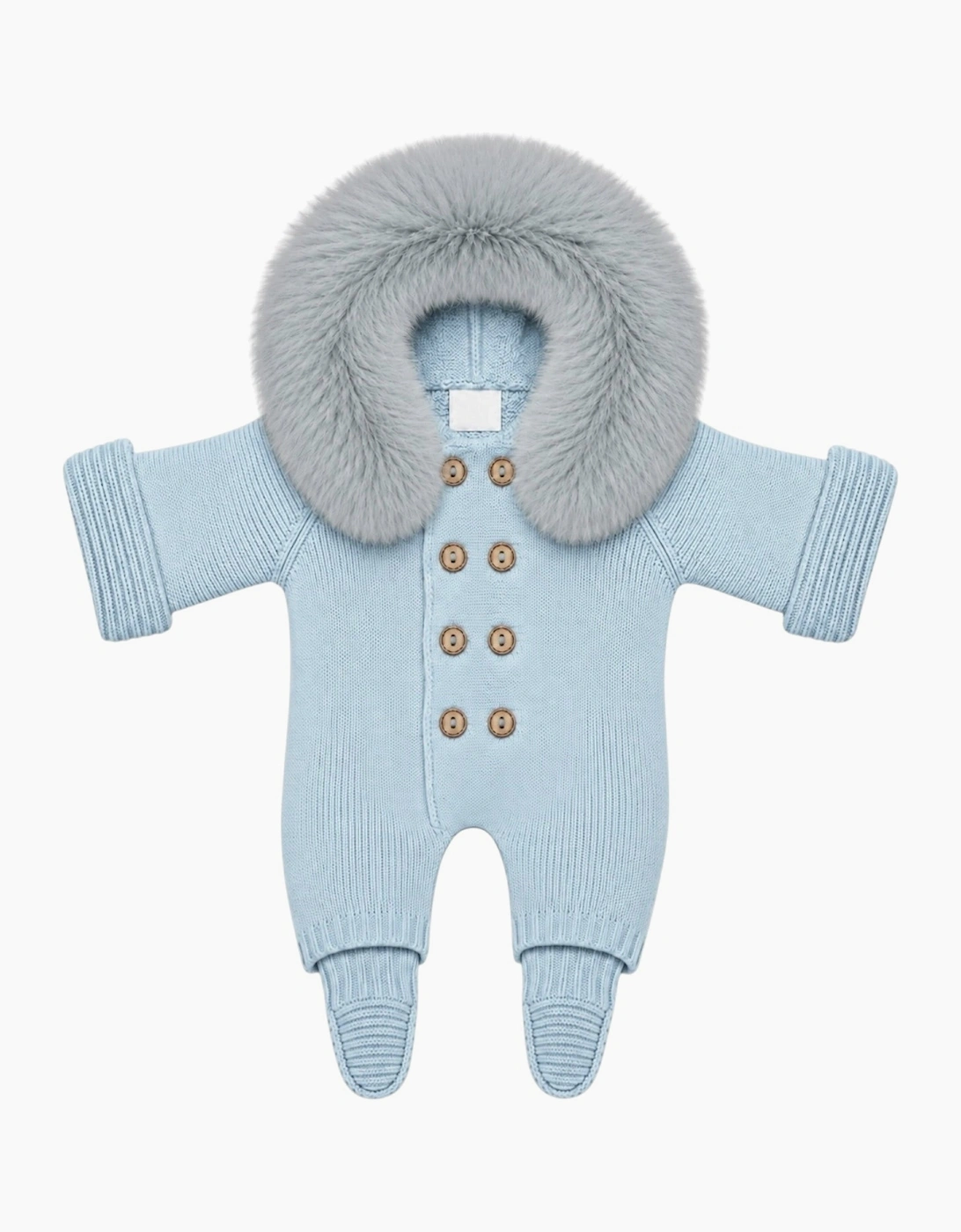 Powder Blue Knit Real Fur Trim Pramsuit
