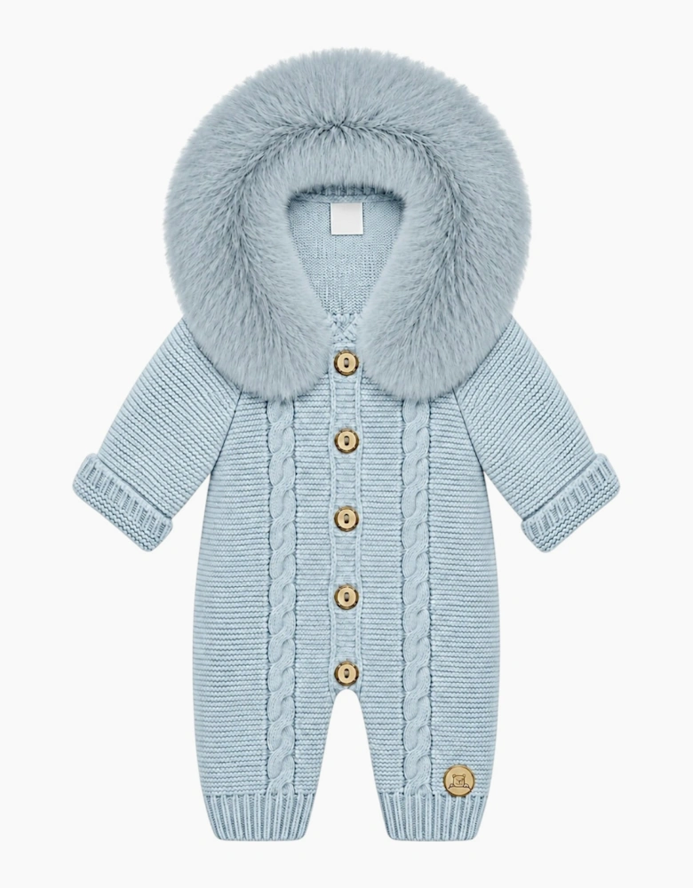 Powder Blue Cable Knit Faux Fur Trim Pramsuit