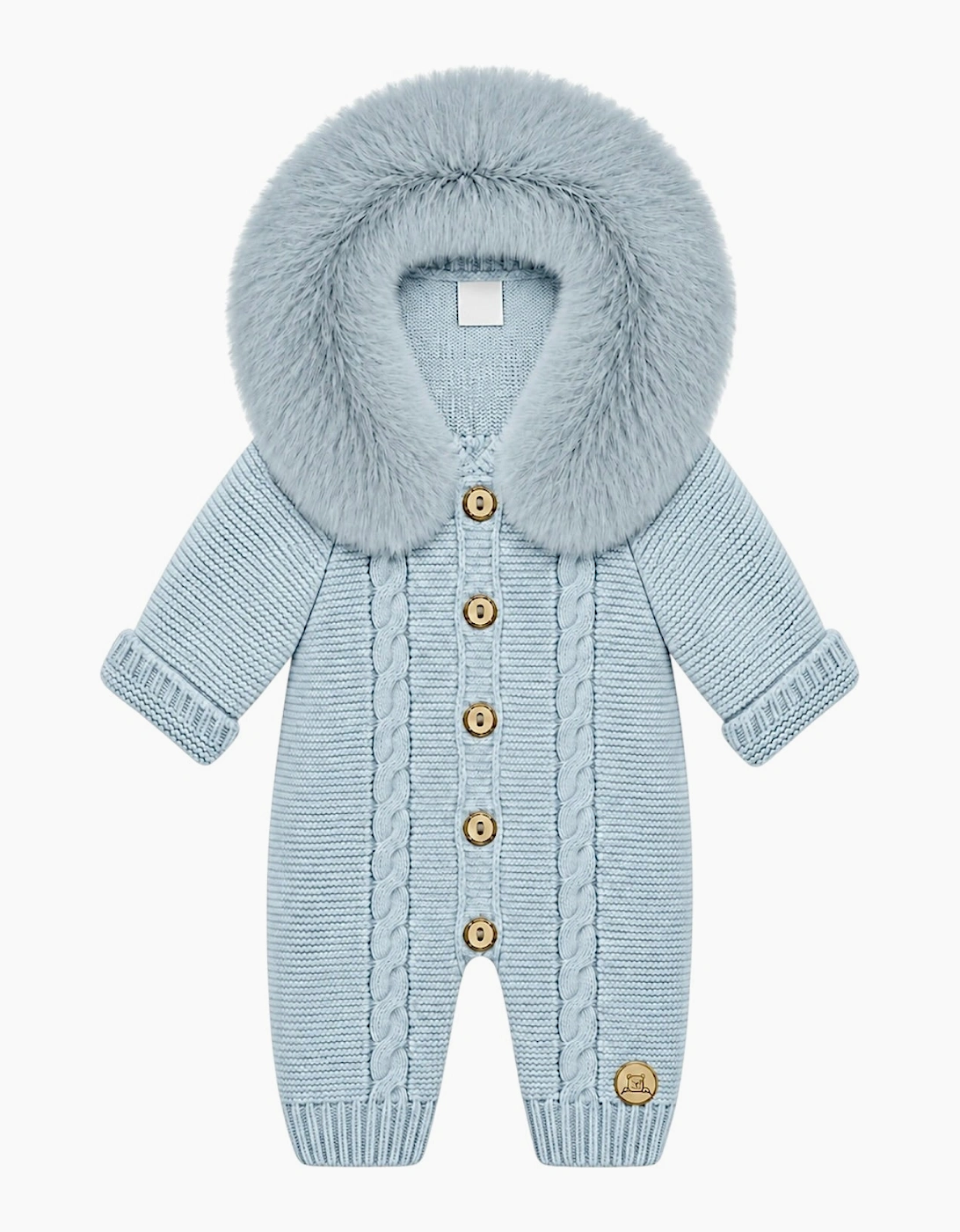 Powder Blue Cable Knit Faux Fur Trim Pramsuit
