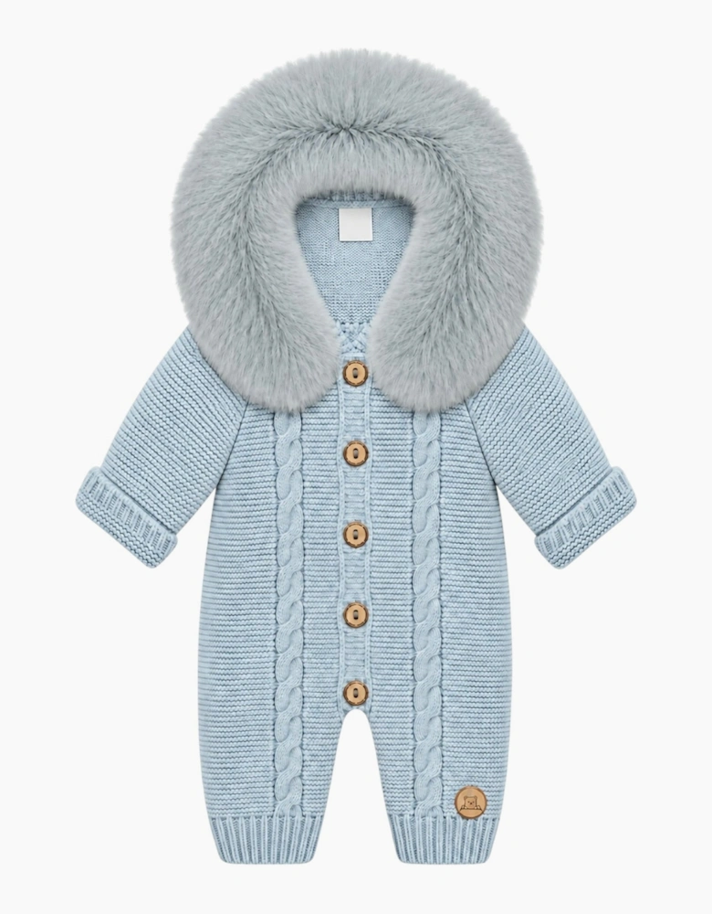 Powder Blue Cable Knit Real Fur Trim Pramsuit