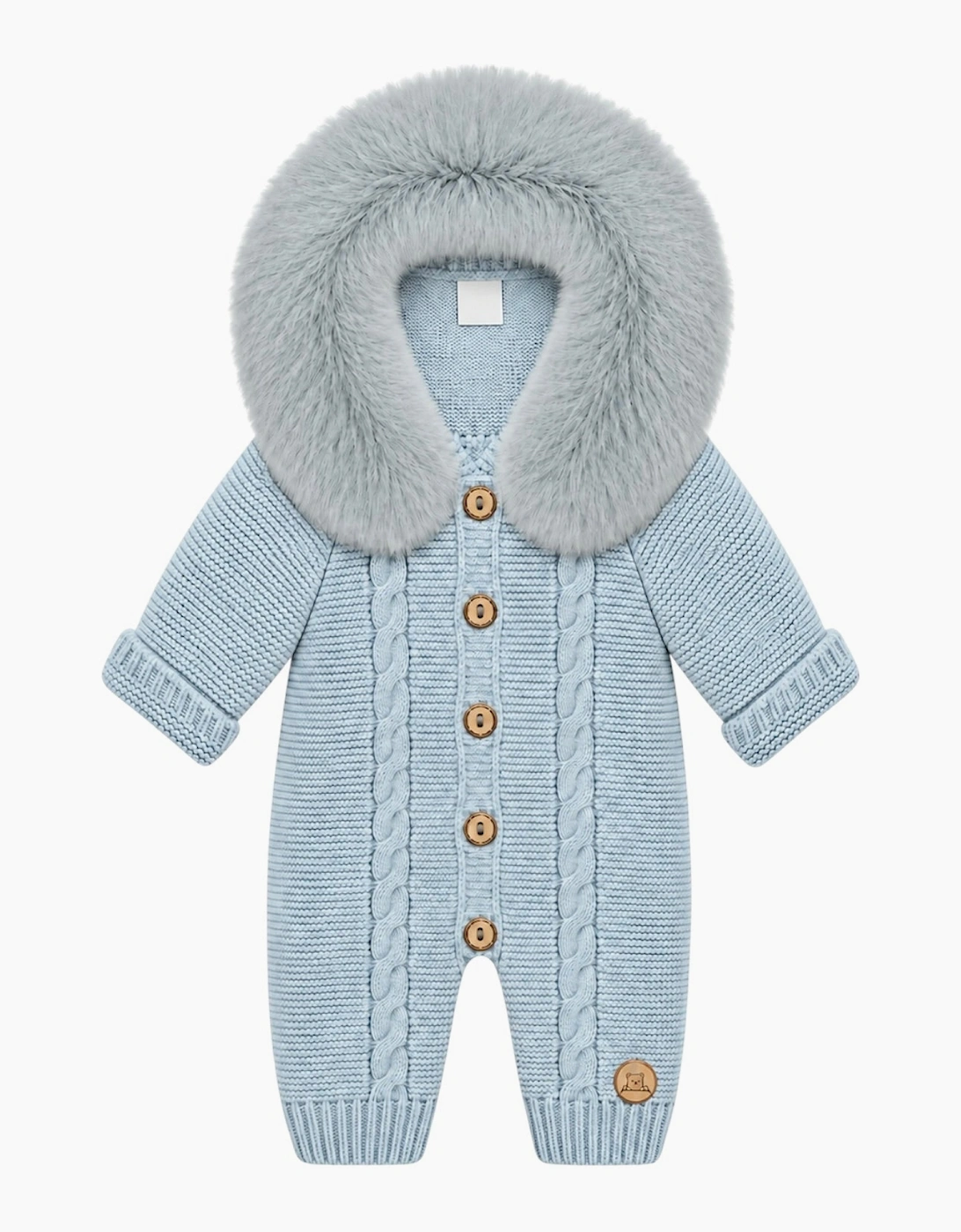 Powder Blue Cable Knit Real Fur Trim Pramsuit