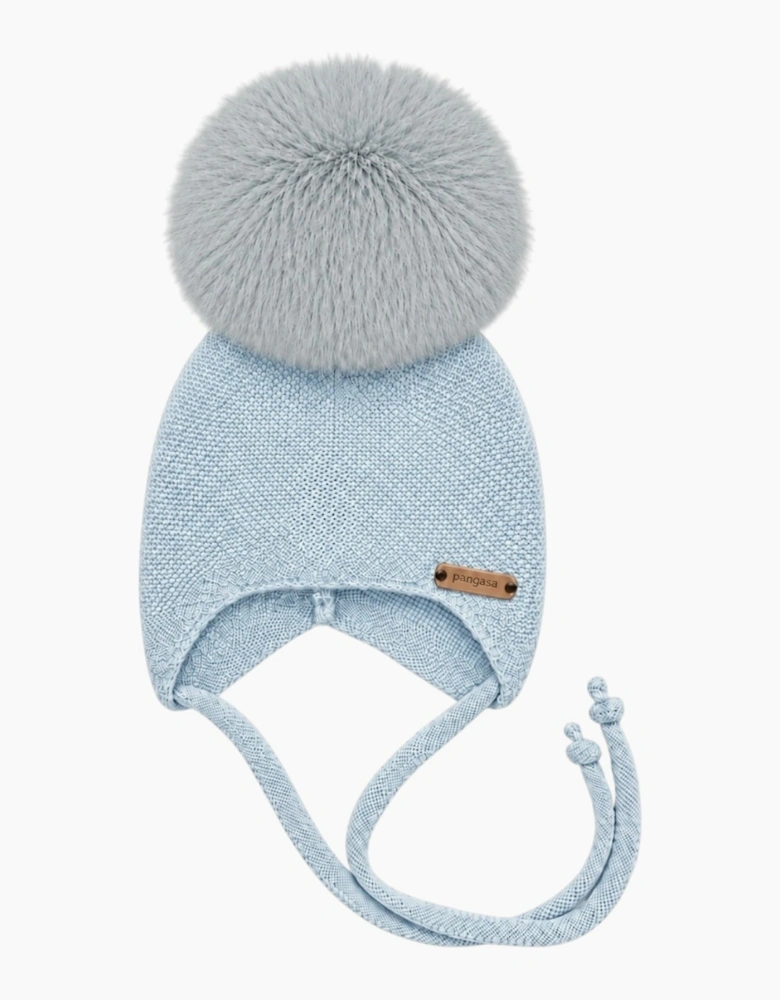 Powder Blue Knit Real Fur Tie Hat
