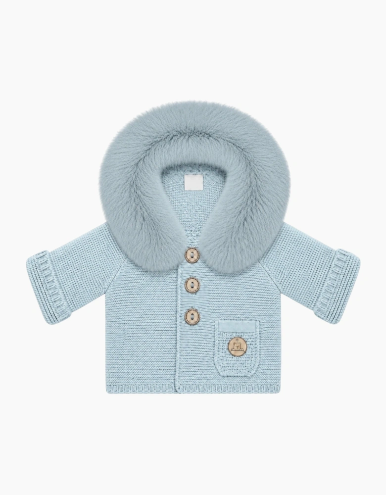 Powder Blue Knit Faux Fur Trim Cardigan