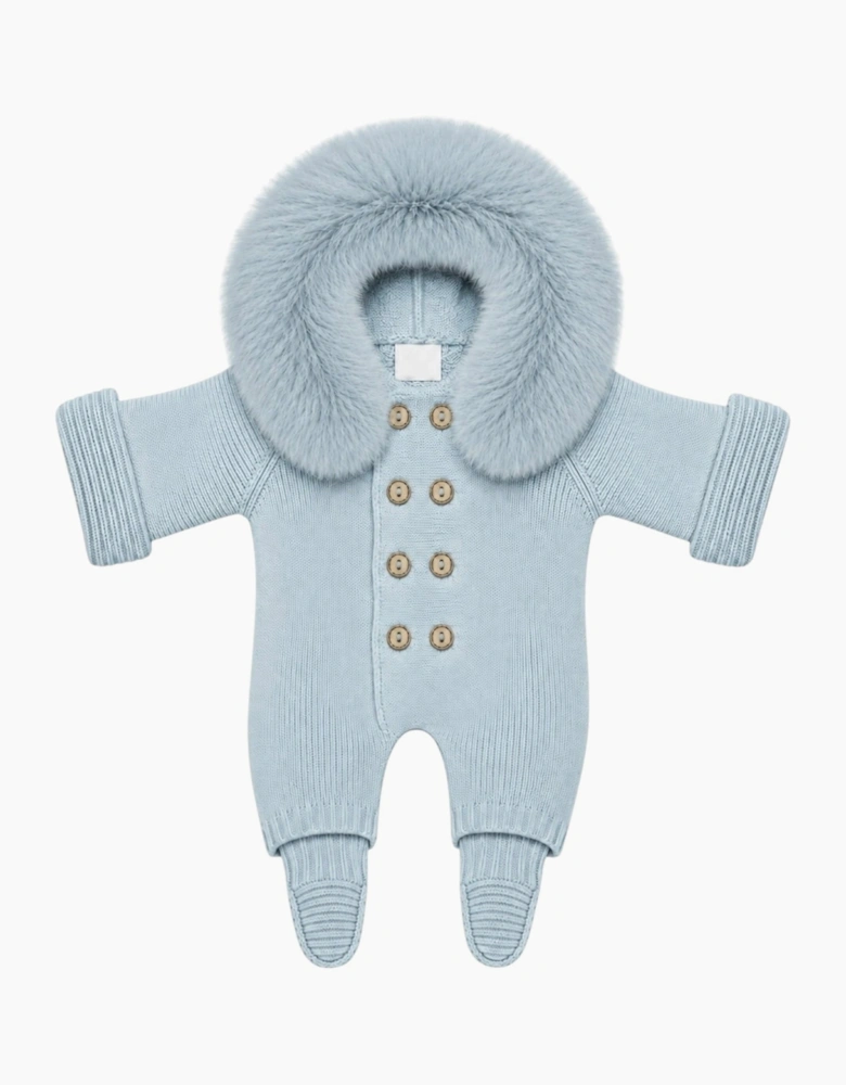 Powder Blue Knit Faux Fur Trim Pramsuit