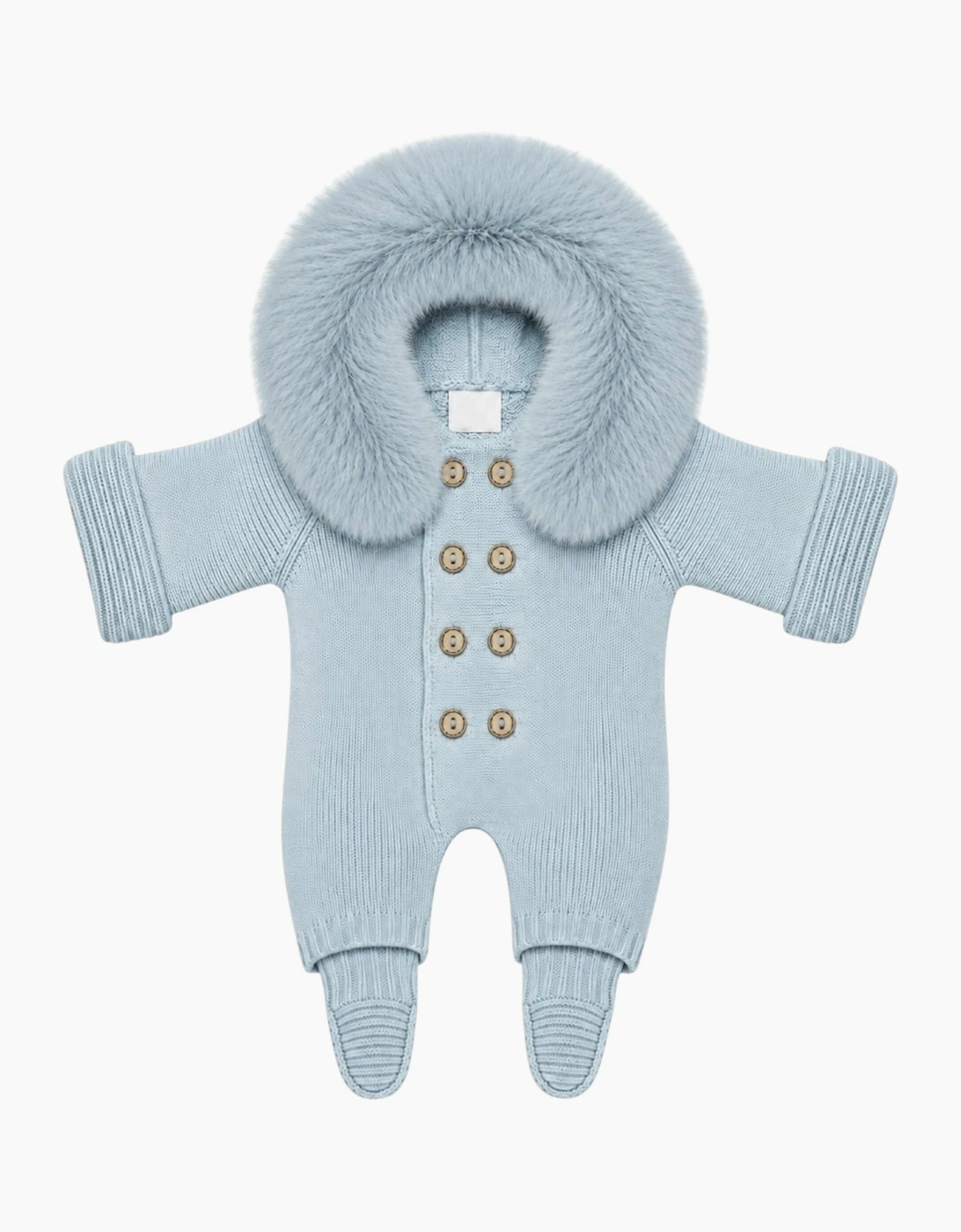 Powder Blue Knit Faux Fur Trim Pramsuit