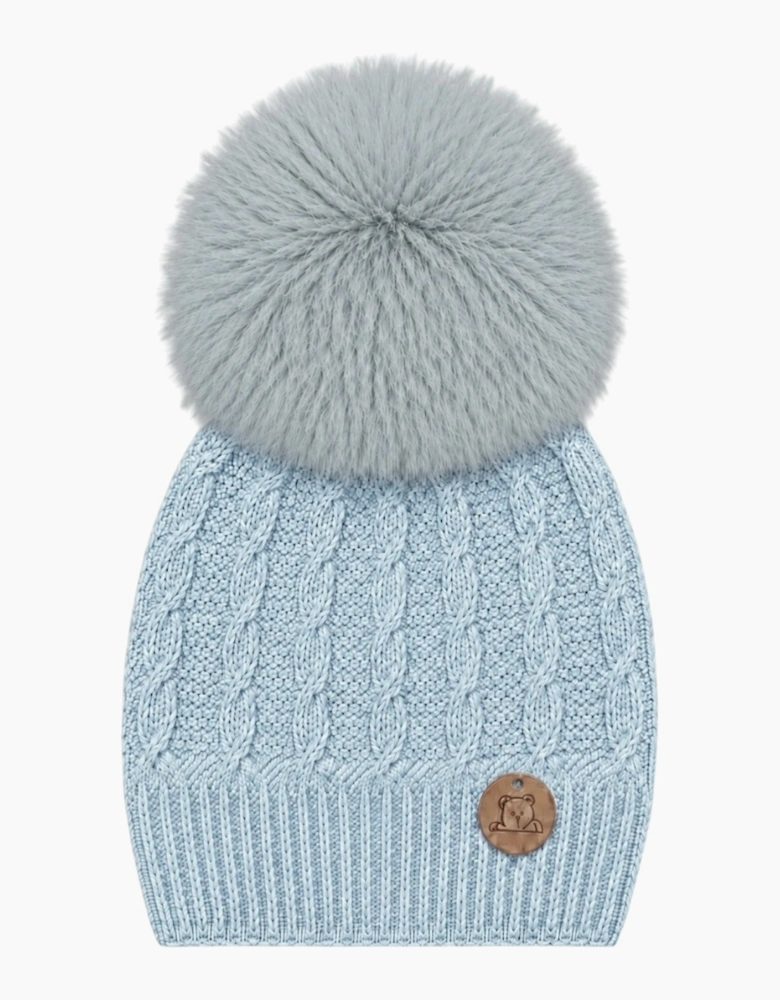 Powder Blue Knit Real Fur Cable Hat