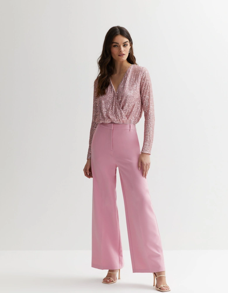 Blush Sequin Wrap Long Sleeve Bodysuit