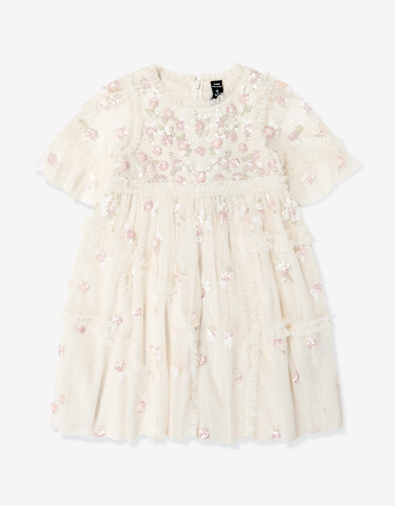 Needle & Thread Girls Shimmer Ditsy Short Sleeve Dress in Ivory