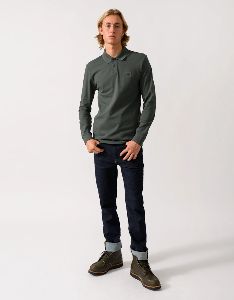 BOSS Orange Passerby Mens Long Sleeve Stretch-Cotton Polo Shirt with Logo Patch - Open Green 377