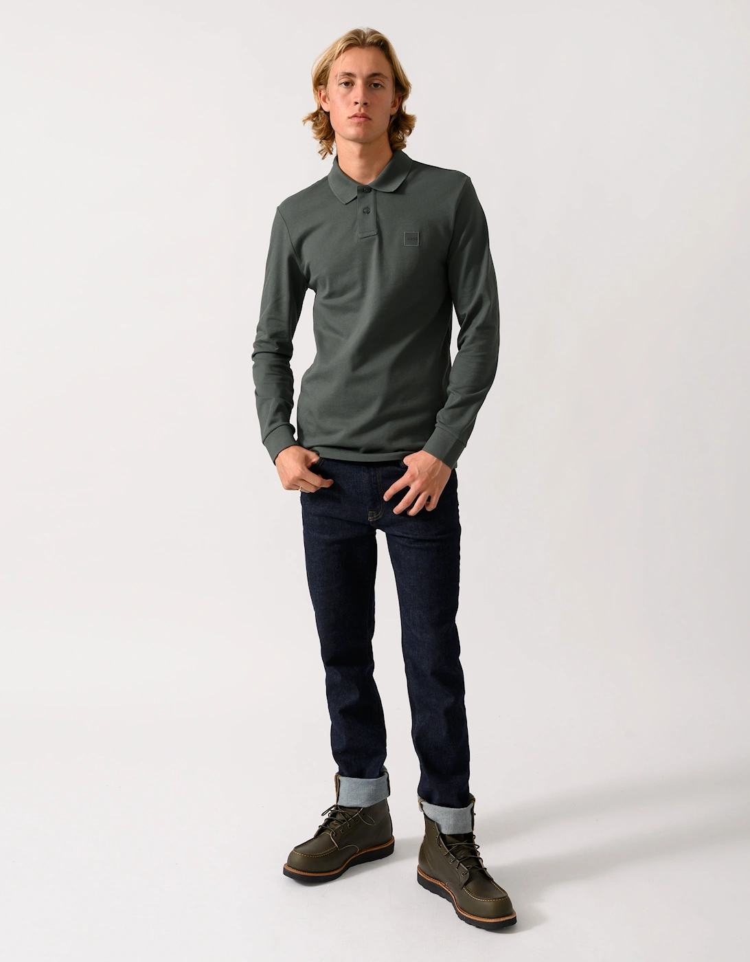 BOSS Orange Passerby Mens Long Sleeve Stretch-Cotton Polo Shirt with Logo Patch - Open Green 377