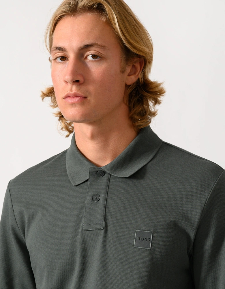 BOSS Orange Passerby Mens Long Sleeve Stretch-Cotton Polo Shirt with Logo Patch - Open Green 377