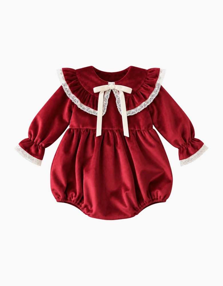 Girls Red Velour Collared Romper