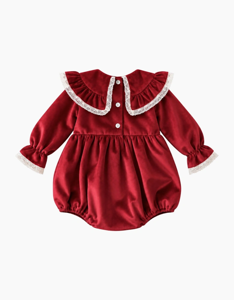 Girls Red Velour Collared Romper