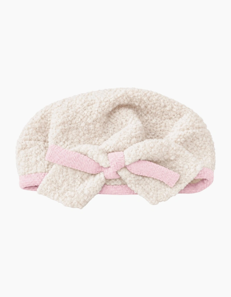 Girls Ivory and Pink Boucle Beret Hat