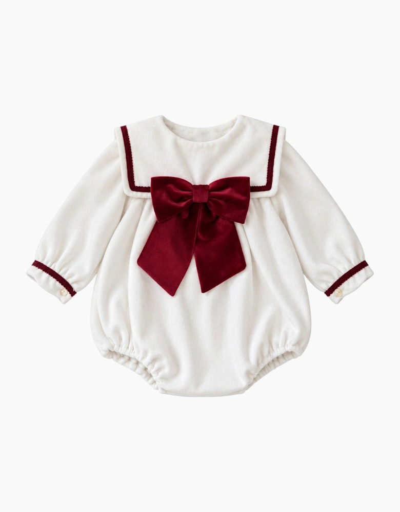 Girls Ivory and Red Velour Romper