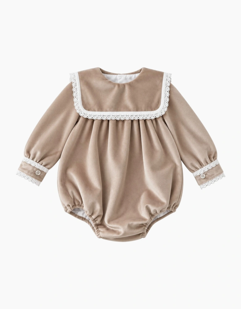 Girls Beige Velour Collared Romper