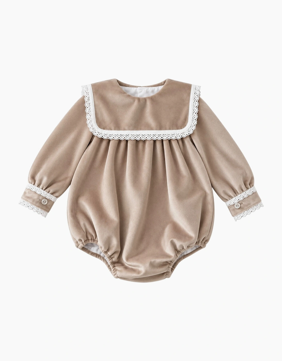 Girls Beige Velour Collared Romper