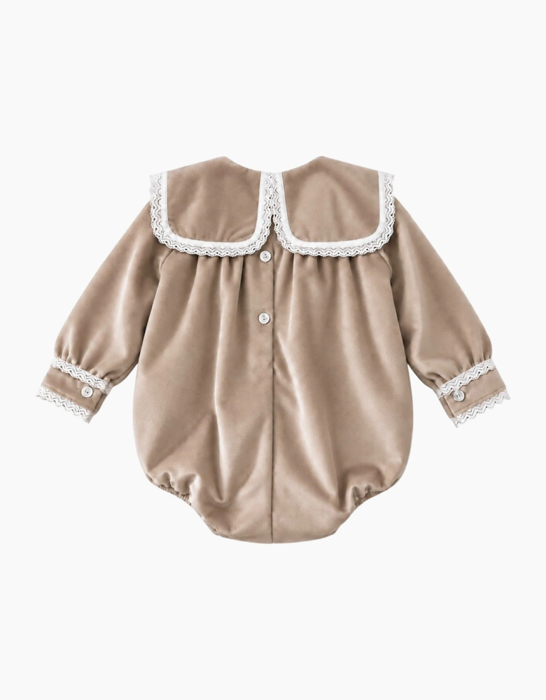 Girls Beige Velour Collared Romper