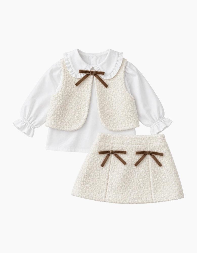 Girls Ivory Boucle 3 Piece Gilet Skirt Set
