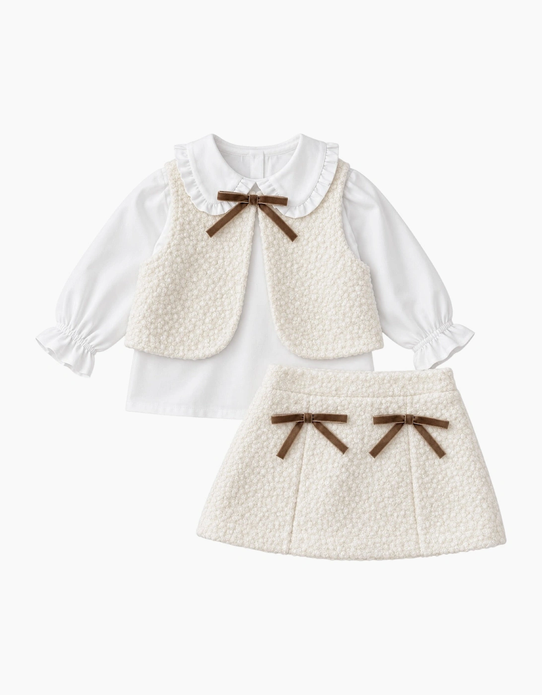 Girls Ivory Boucle 3 Piece Gilet Skirt Set