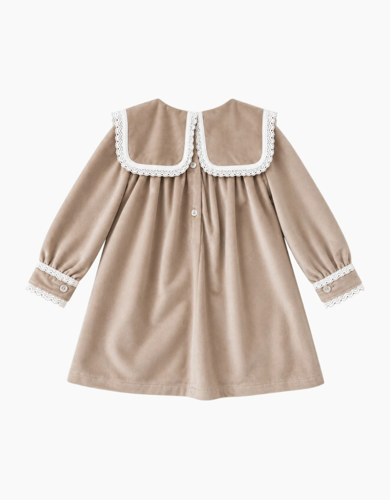 Girls Beige Velour Collared Dress