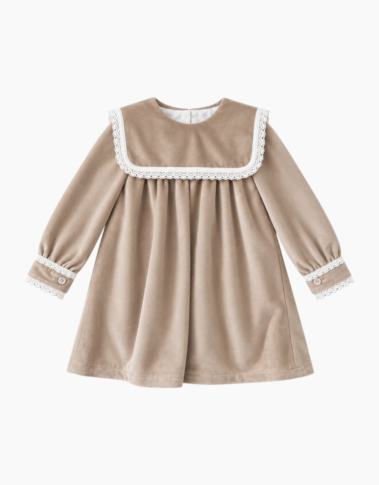 Girls Beige Velour Collared Dress